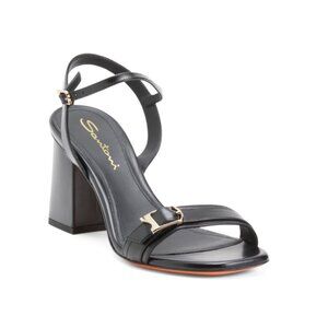 SANTONI Black Made In Italy Leather Block Heeled Sandals